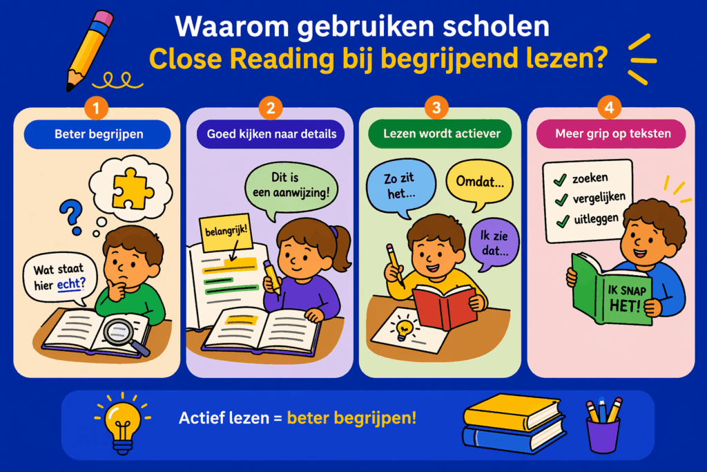 Infographic over Close Reading met kinderen die een tekst analyseren, belangrijke woorden markeren en actief nadenken over betekenis en tekststructuur