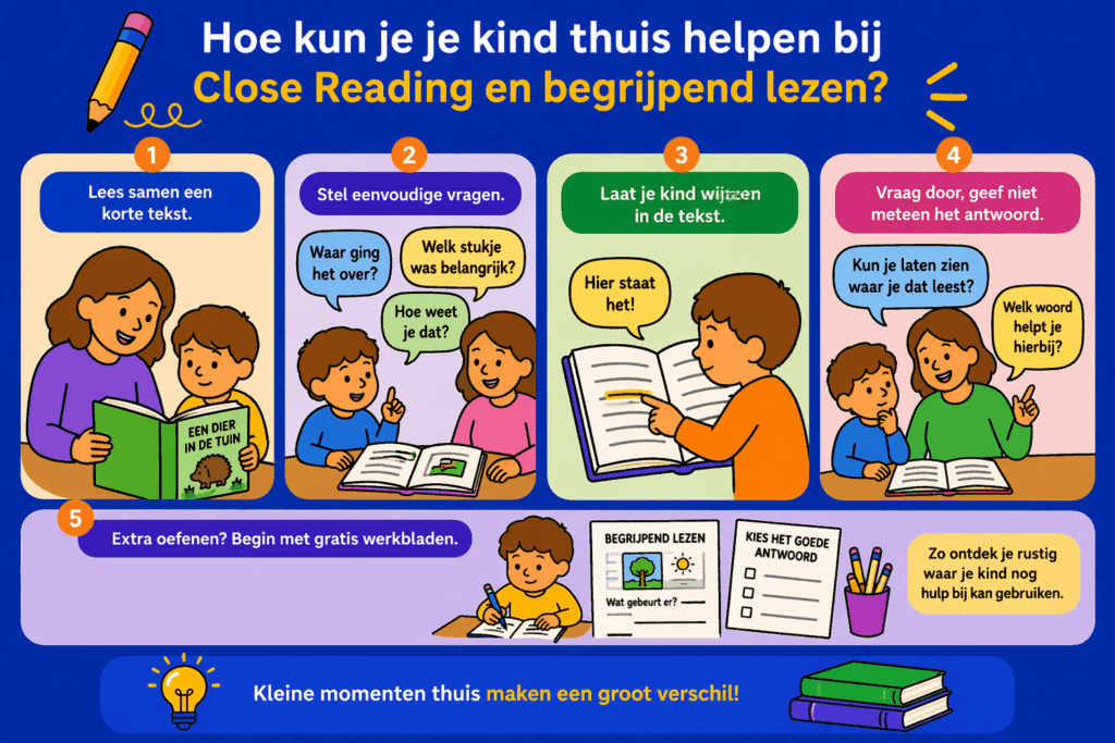 Infographic met ouder en kind die samen een tekst lezen, vragen stellen, aanwijzen in de tekst en stap voor stap werken aan begrijpend lezen met Close Reading technieken