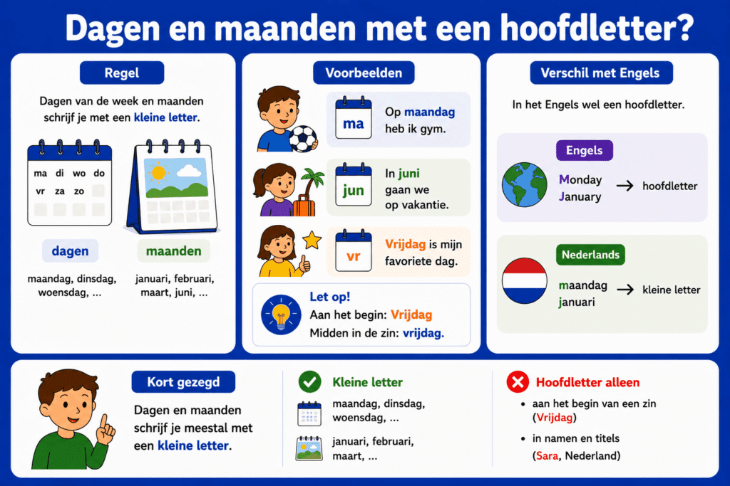 Eenvoudige educatieve illustratie die uitlegt wanneer dagen en maanden in het Nederlands een kleine letter of hoofdletter krijgen, met voorbeelden zoals maandag, juni en Vrijdag aan het begin van een zin.
