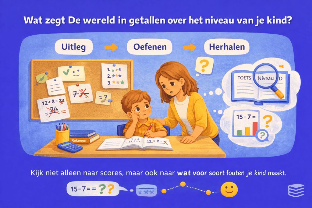 Illustratie van ouder en kind die rekenwerk bekijken om het niveau en gemaakte fouten binnen De wereld in getallen te begrijpen