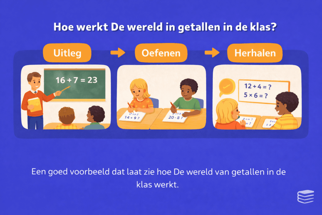 Illustratie van De wereld in getallen in de klas met uitleg oefenen en herhalen als vaste lesopbouw