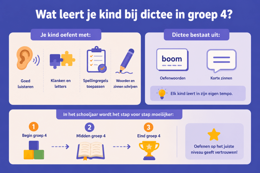 Rustige educatieve infographic over dictee in groep 4 met aandacht voor luisteren, klanken, spellingregels, oefenwoorden, korte zinnen en groei door het schooljaar.