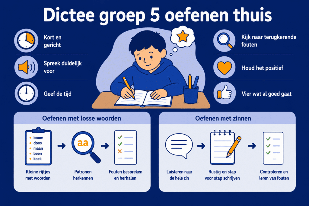 Educatieve illustratie over thuis oefenen met dictee in groep 5 met tips voor korte oefenmomenten, fouten herkennen, oefenen met losse woorden en oefenen met zinnen.