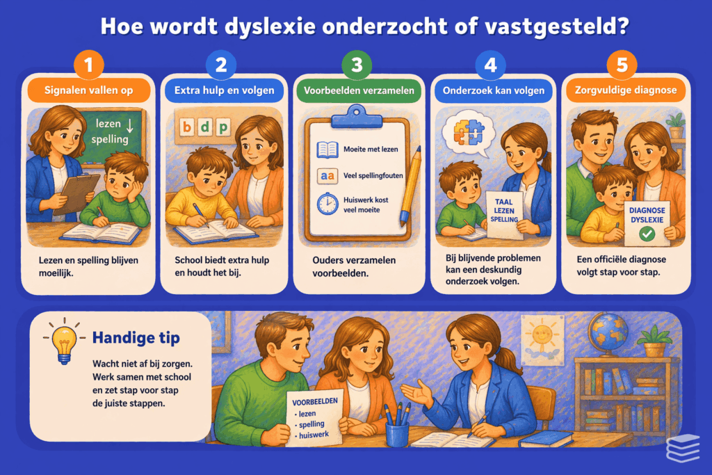 Overzichtelijke illustratie van het stappenplan bij het onderzoeken van dyslexie bij kinderen met signalen, extra hulp op school, voorbeelden verzamelen en een uiteindelijke diagnose.
