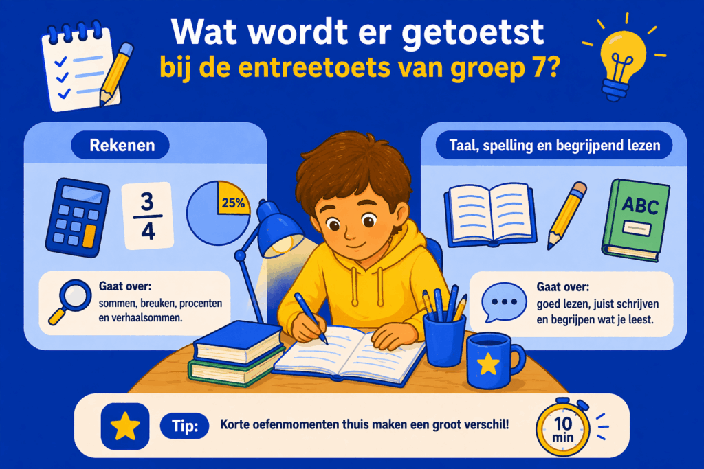 Educatieve illustratie van een kind dat oefent voor de entreetoets van groep 7 met aandacht voor rekenen, taal, spelling en begrijpend lezen.