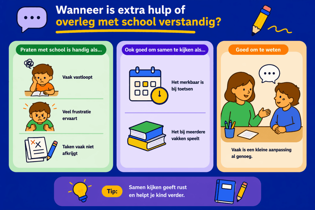 Educatieve illustratie die laat zien wanneer extra hulp of overleg met school verstandig is bij concentratieproblemen, met aandacht voor vastlopen, frustratie, taken niet afkrijgen en samen kijken naar kleine aanpassingen.