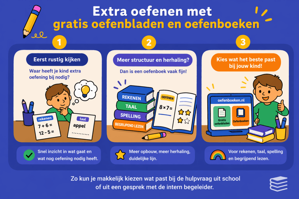 Infographic over extra oefenen met gratis oefenbladen en oefenboeken met visuele uitleg over inzicht krijgen, structuur opbouwen en passend oefenmateriaal kiezen voor kinderen