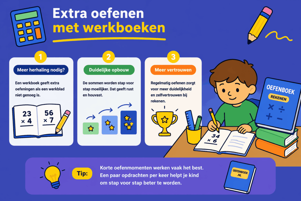 Infographic over extra oefenen met werkboeken voor kinderen met uitleg over herhaling, duidelijke opbouw en meer zelfvertrouwen bij rekenen