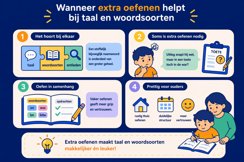 Infographic over wanneer extra oefenen bij taal en woordsoorten helpt met focus op samenhang, herhaling en meer zelfvertrouwen