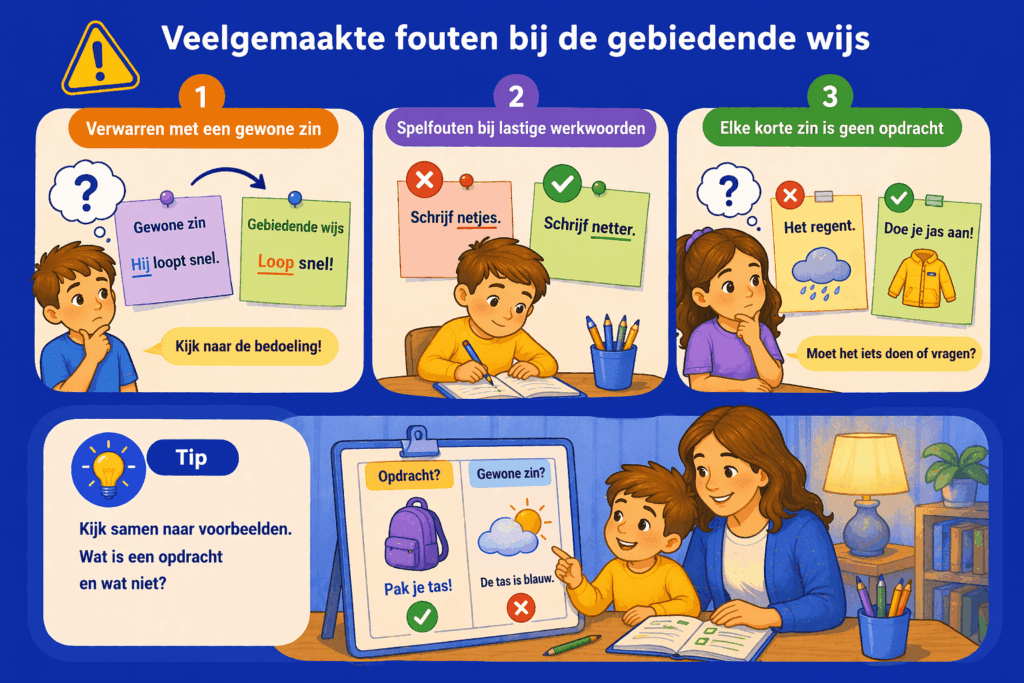 Illustratie waarin kinderen leren het verschil tussen een gewone zin en een opdracht te herkennen, met voorbeelden van fouten en juiste zinnen bij de gebiedende wijs.