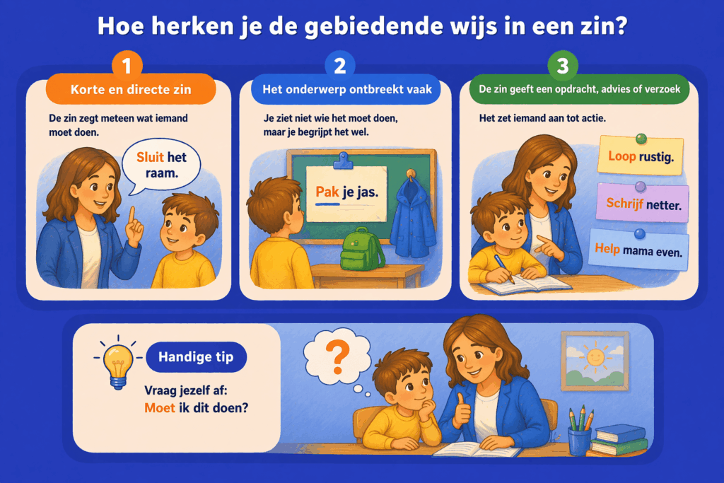 Rustige educatieve illustratie die laat zien hoe kinderen de gebiedende wijs in een zin herkennen aan een korte directe opdracht, een ontbrekend onderwerp en een zin die aanzet tot actie.