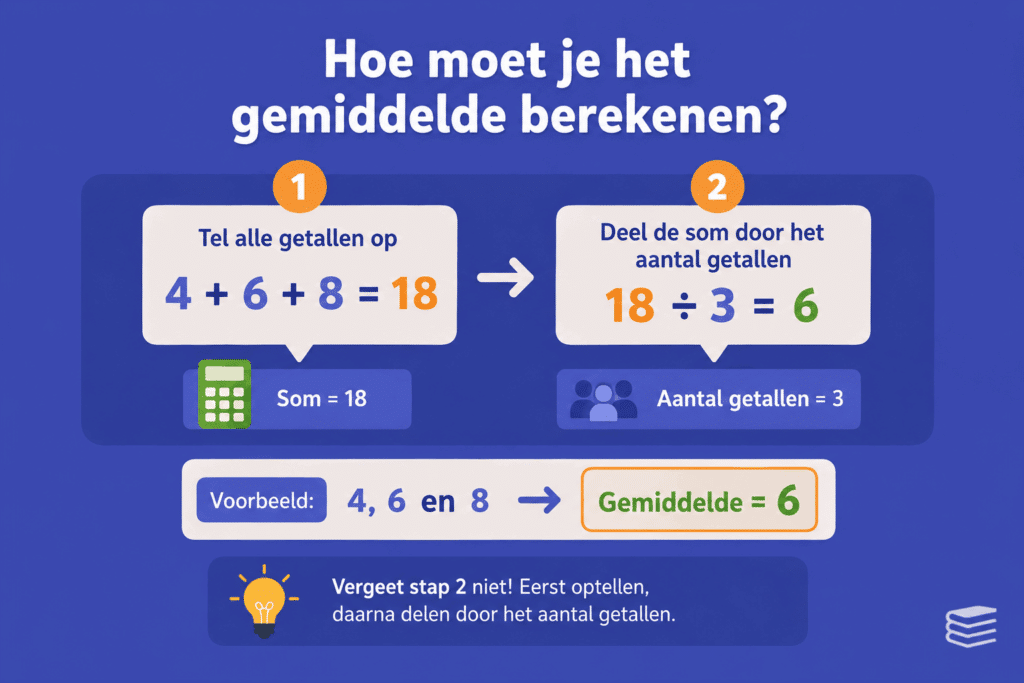 Infographic die stap voor stap uitlegt hoe kinderen het gemiddelde berekenen door eerst getallen op te tellen en daarna te delen door het aantal getallen.