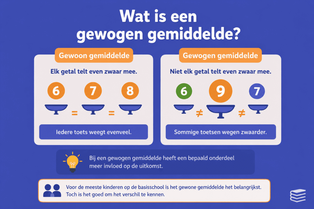 Infographic die het verschil laat zien tussen een gewoon gemiddelde en een gewogen gemiddelde met eenvoudige voorbeelden en weegschalen.
