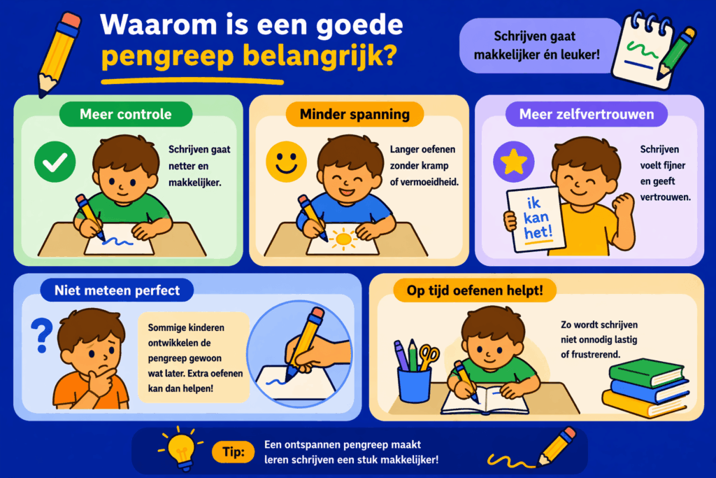 Educatieve illustratie die laat zien waarom een goede pengreep belangrijk is voor kinderen, met aandacht voor meer controle, minder spanning, meer zelfvertrouwen en prettig leren schrijven.