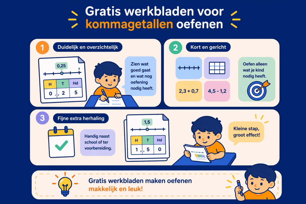 Infographic over oefenen met gratis werkbladen voor kommagetallen met voorbeelden van getallenlijn, positieschema en korte gerichte oefenmomenten
