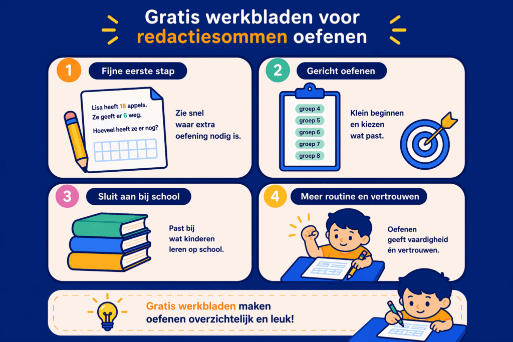 Infographic over oefenen met gratis werkbladen voor redactiesommen met voordelen zoals gericht oefenen, overzicht en meer zelfvertrouwen