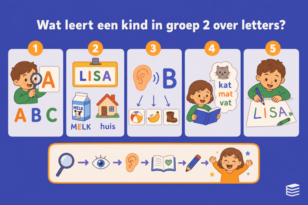 Infographic met illustraties die laten zien hoe kinderen in groep 2 letters leren herkennen, koppelen aan klanken, woorden ontdekken en beginnen met schrijven