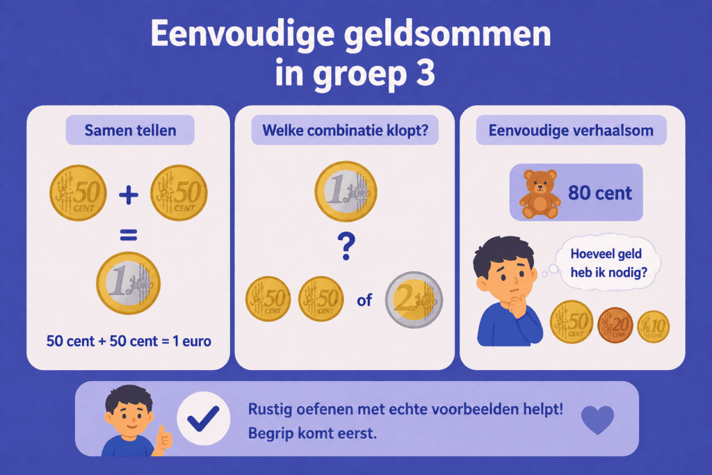 Infographic met eenvoudige geldsommen voor groep 3, zoals munten optellen en kiezen welke combinatie een bedrag vormt