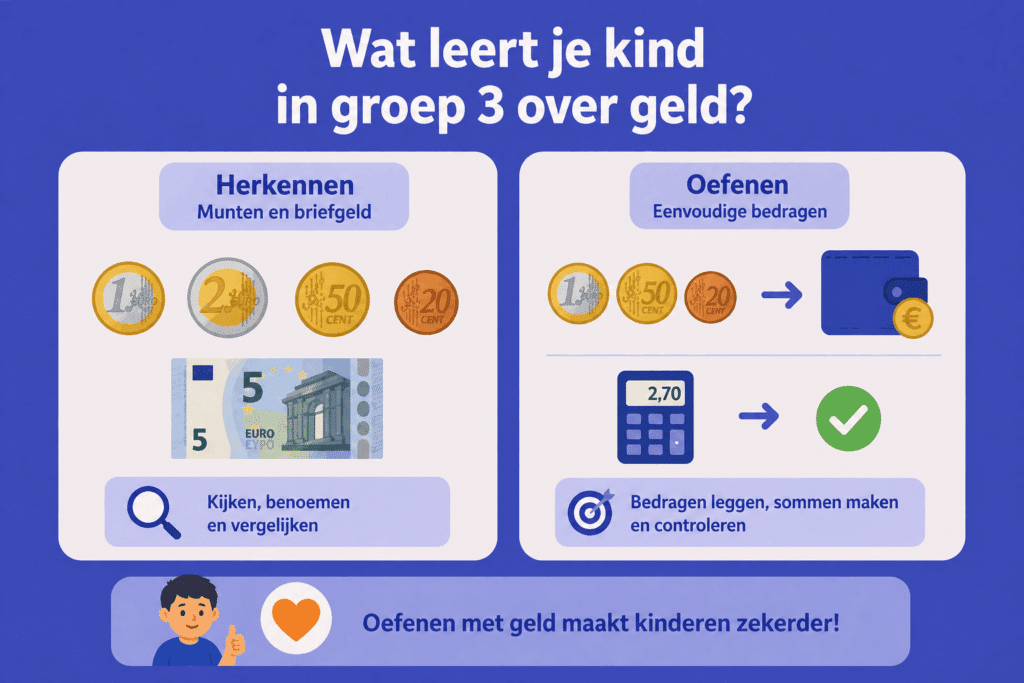 Eenvoudige infographic over wat kinderen in groep 3 leren over geld, zoals munten herkennen en eenvoudige bedragen maken en controleren