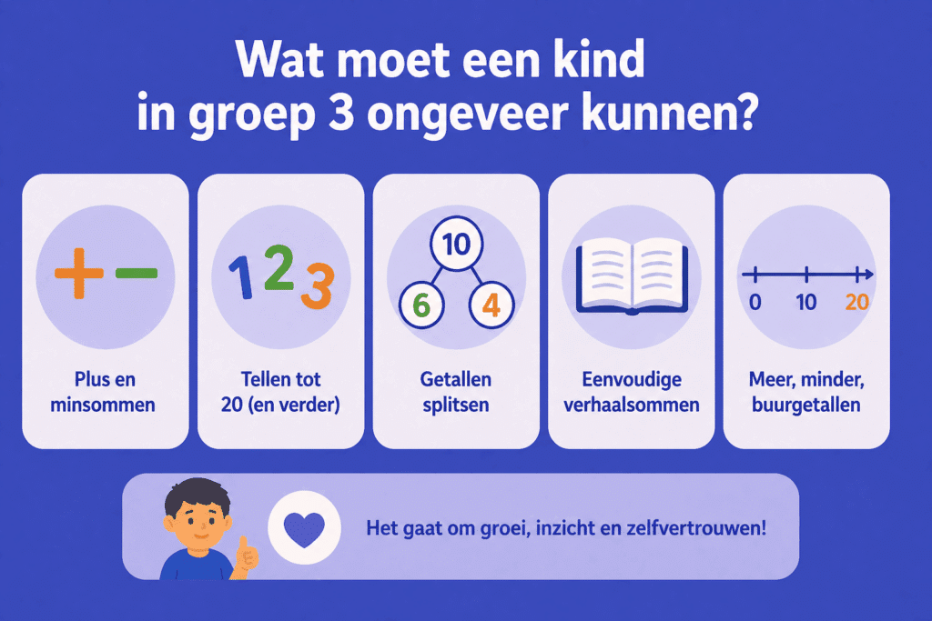 Eenvoudige infographic die laat zien wat een kind in groep 3 ongeveer moet kunnen, zoals plus en minsommen, tellen tot 20 en getallen splitsen