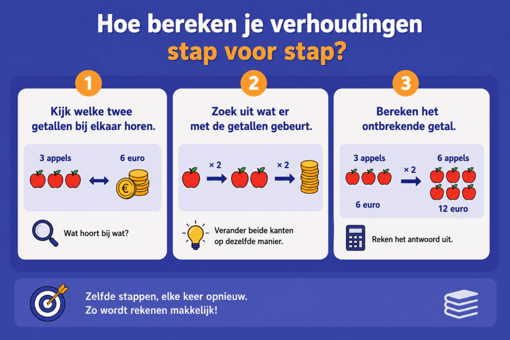 Eenvoudige educatieve illustratie die laat zien hoe kinderen verhoudingen stap voor stap berekenen met appels en euro’s, inclusief de stappen vergelijken, dezelfde verandering toepassen en het ontbrekende getal uitrekenen.