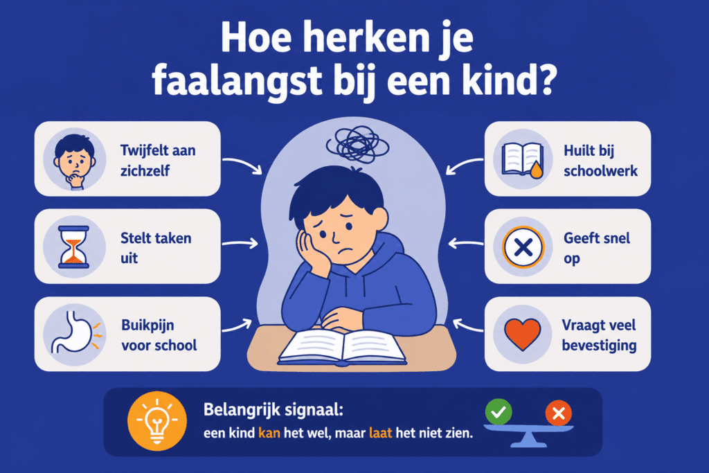 Educatieve illustratie over faalangst bij kinderen met signalen zoals twijfelen aan zichzelf, uitstelgedrag, buikpijn voor school, huilen bij schoolwerk en veel bevestiging vragen.