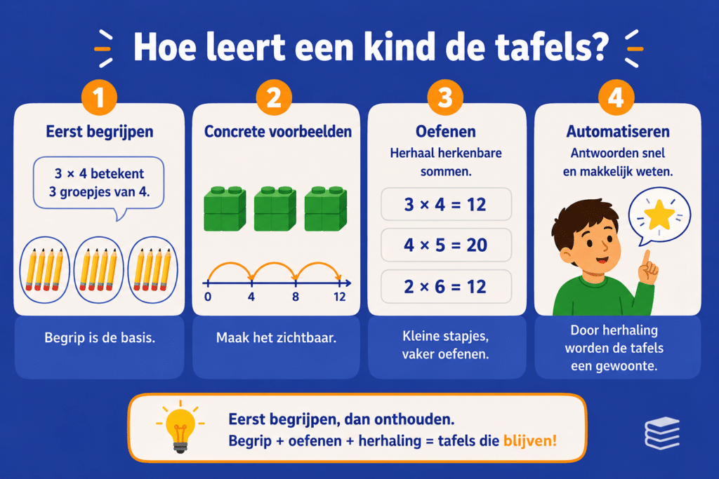 Infographic over hoe kinderen de tafels leren, met uitleg over begrijpen, oefenen, visuele voorbeelden en herhalen.