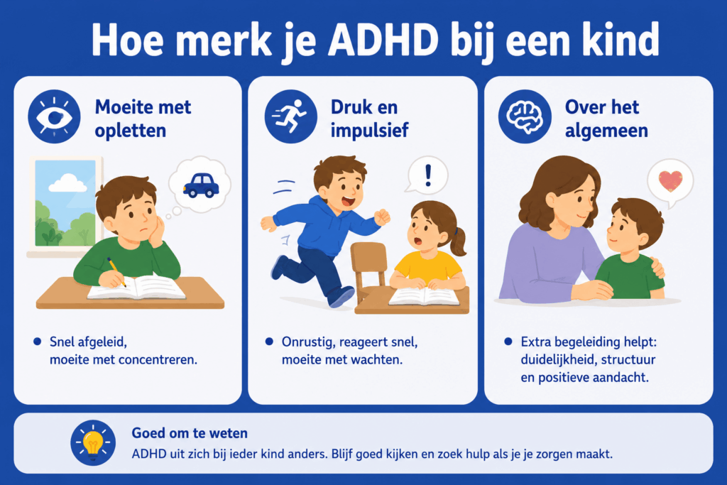 Overzichtelijke infographic over signalen van ADHD bij kinderen met voorbeelden van concentratieproblemen, impulsief gedrag en behoefte aan structuur en begeleiding.