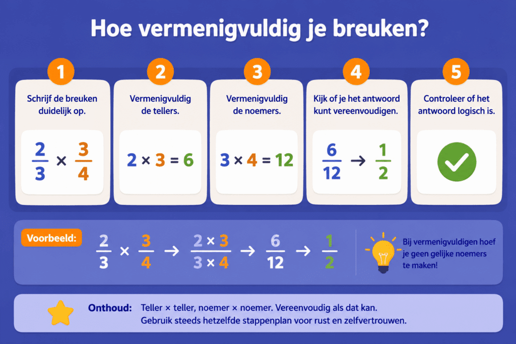 Eenvoudige educatieve illustratie die stap voor stap uitlegt hoe kinderen breuken vermenigvuldigen, met voorbeelden van teller keer teller, noemer keer noemer en het vereenvoudigen van de uitkomst naar een kleinere breuk.