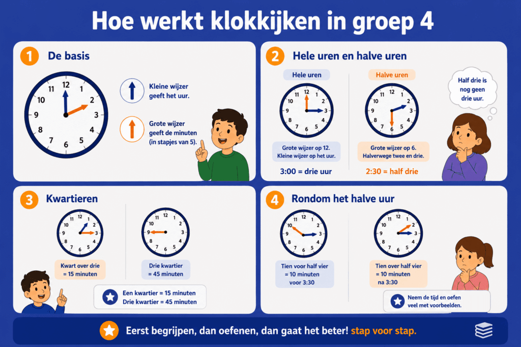 Infographic over klokkijken in groep 4 met uitleg over hele uren, halve uren, kwartieren en tijd rondom het halve uur.