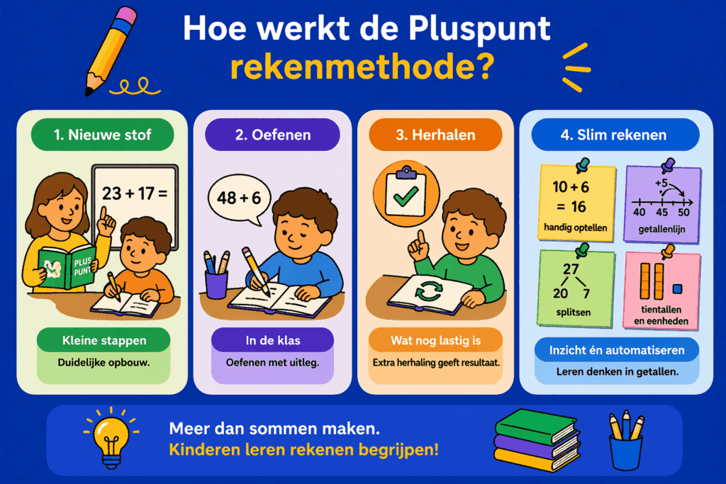 Infographic over de Pluspunt rekenmethode met uitleg over kleine stappen, oefenen, herhalen en het leren van rekenstrategieën zoals splitsen en werken met getallenlijnen