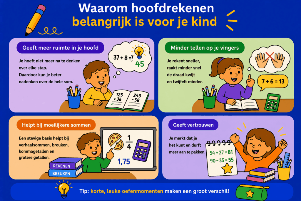 Infographic over het belang van hoofdrekenen met voorbeelden van sommen en situaties waarin kinderen sneller rekenen, minder op hun vingers tellen en meer zelfvertrouwen krijgen