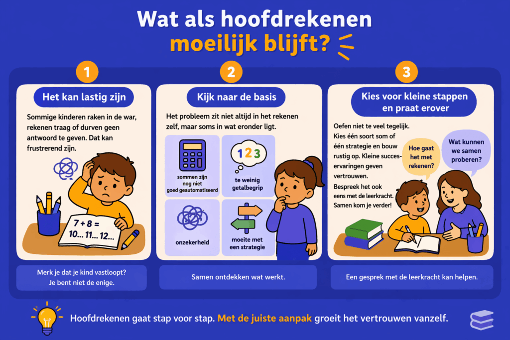 Infographic die laat zien wat je kunt doen als hoofdrekenen moeilijk blijft, met aandacht voor basisvaardigheden, kleine stappen en samenwerking met de leerkracht om kinderen meer vertrouwen te geven