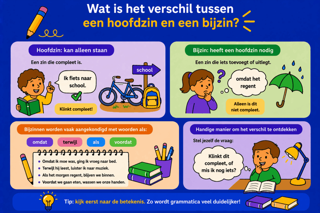 Infographic die het verschil laat zien tussen een hoofdzin en een bijzin met eenvoudige voorbeelden en visuele uitleg zodat kinderen leren wanneer een zin zelfstandig is of extra informatie nodig heeft