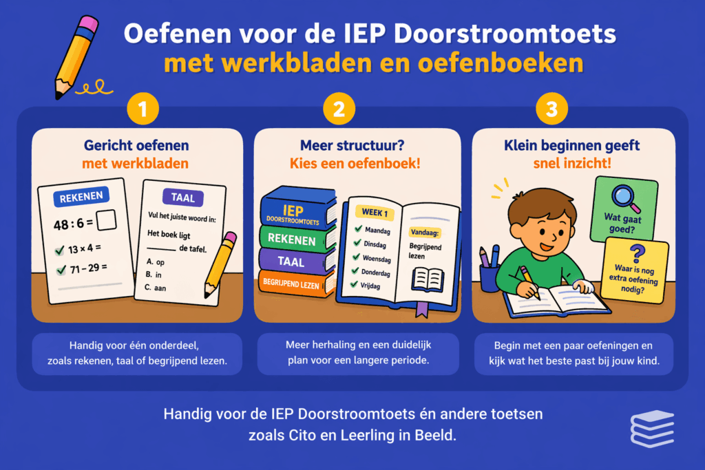 Infographic over oefenen voor de IEP Doorstroomtoets met werkbladen en oefenboeken met voorbeelden van rekenen, taal en begrijpend lezen en het belang van structuur en herhaling