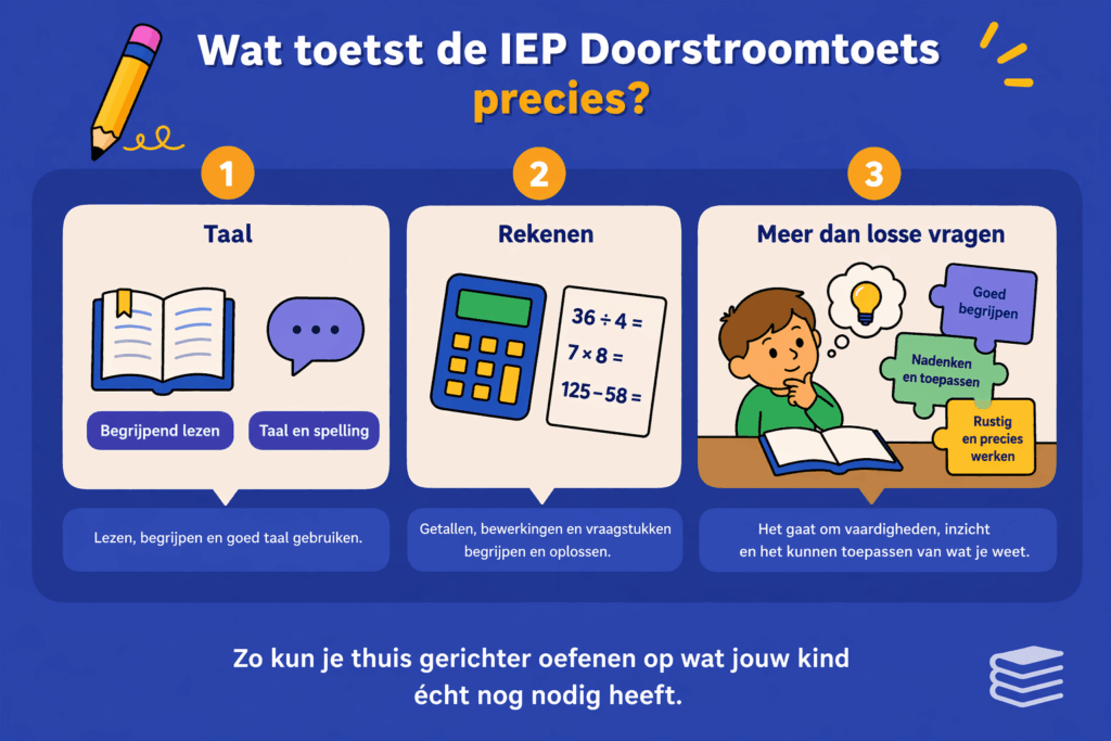 Infographic over wat de IEP Doorstroomtoets toetst met onderdelen zoals taal, rekenen en begrijpend lezen en het belang van inzicht en toepassen van vaardigheden