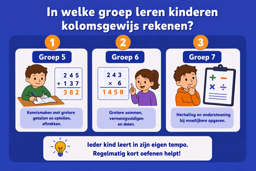 Eenvoudige educatieve illustratie die laat zien in welke groepen kinderen kolomsgewijs rekenen leren, met voorbeelden uit groep 5, groep 6 en groep 7 en eenvoudige sommen voor optellen, aftrekken, vermenigvuldigen en delen.