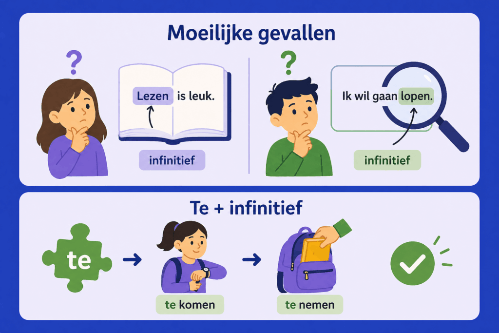 Eenvoudige infographic die laat zien hoe je een infinitief herkent in moeilijke zinnen en bij te plus infinitief met korte voorbeelden zoals lezen en te komen