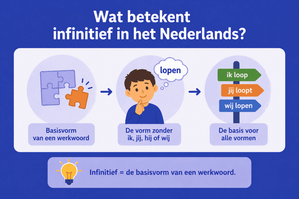 Eenvoudige infographic die laat zien wat een infinitief is als basisvorm van een werkwoord met voorbeeld zoals lopen zonder persoonsvorm
