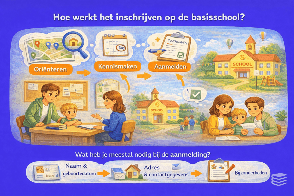 Illustratie van het inschrijven op de basisschool met de stappen oriënteren, kennismaken en aanmelden en een overzicht van gegevens die vaak nodig zijn bij de aanmelding.