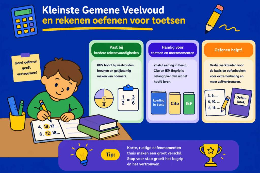 Educatieve illustratie die laat zien hoe kinderen het kleinste gemene veelvoud oefenen als onderdeel van rekenen, met focus op herhaling, begrip en voorbereiding op toetsen zoals Cito en IEP.