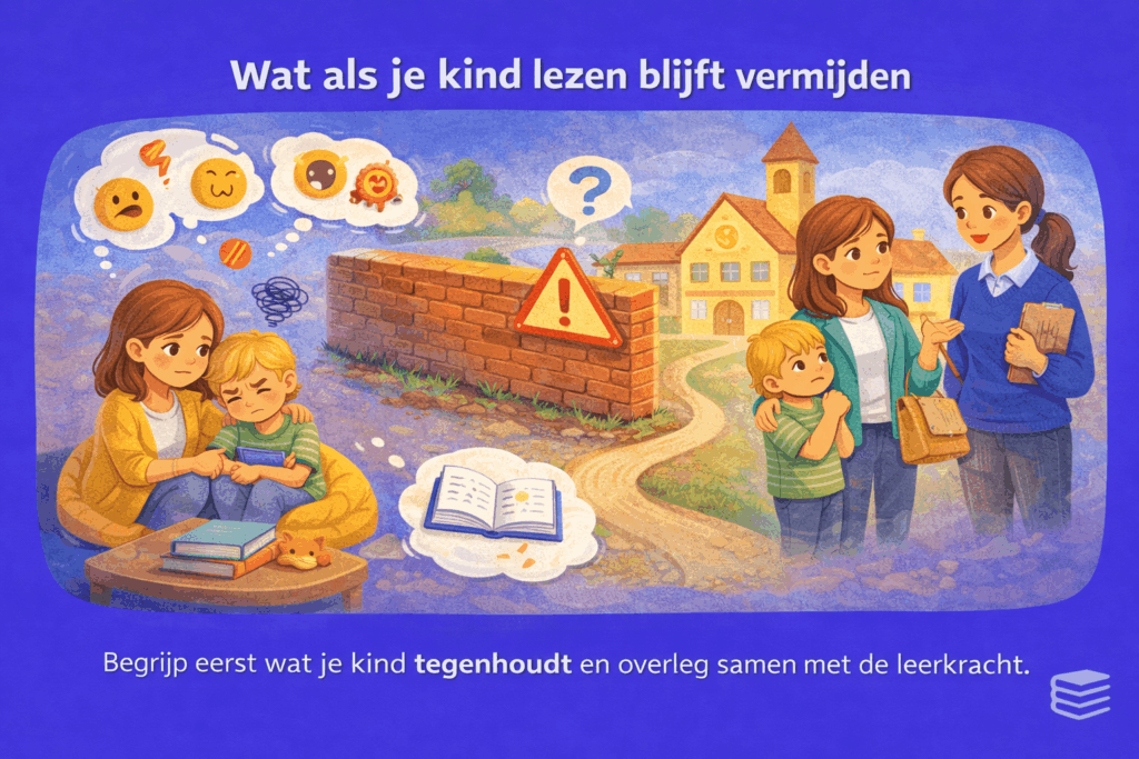 Illustratie van ouder en kind die samen met de leerkracht kijken wat een kind tegenhoudt bij lezen en welke ondersteuning kan helpen.