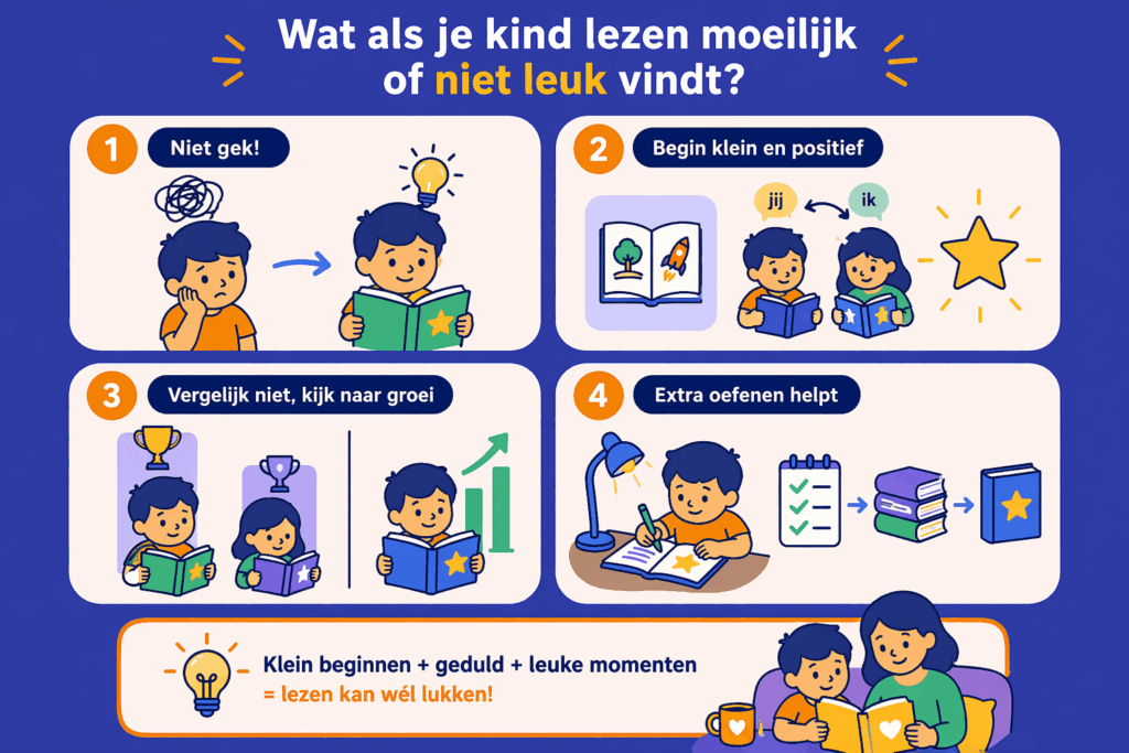Infographic met tips voor kinderen die lezen moeilijk of niet leuk vinden met focus op klein beginnen, positieve ervaringen en extra oefenen zonder druk