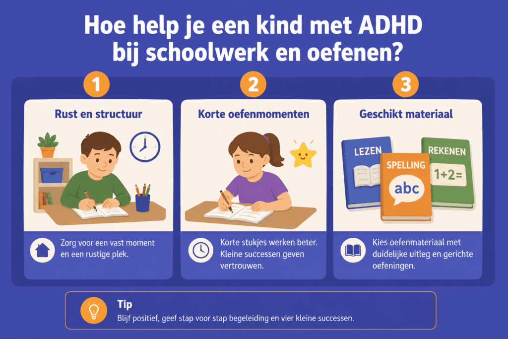 Overzichtelijke infographic met tips voor kinderen met ADHD tijdens schoolwerk, zoals rust en structuur, korte oefenmomenten en duidelijk oefenmateriaal.
