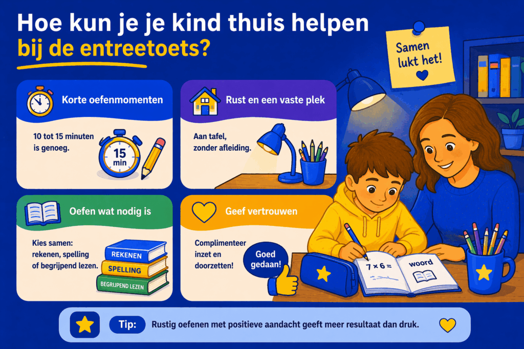 Educatieve illustratie van een ouder die een kind thuis helpt bij de entreetoets met korte oefenmomenten, een rustige werkplek, gerichte oefening en positieve aandacht.