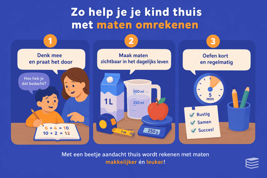 Infographic met tips om je kind thuis te helpen met maten omrekenen met voorbeelden van samen oefenen, meten in het dagelijks leven en korte oefenmomenten