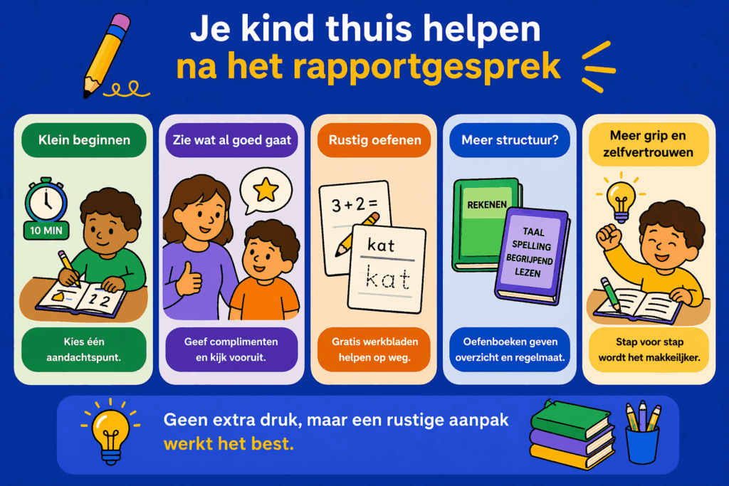 Infographic over hoe je je kind thuis helpt na een rapportgesprek met aandacht voor rustig oefenen, kleine stappen, positieve feedback en het gebruik van werkbladen en oefenboeken