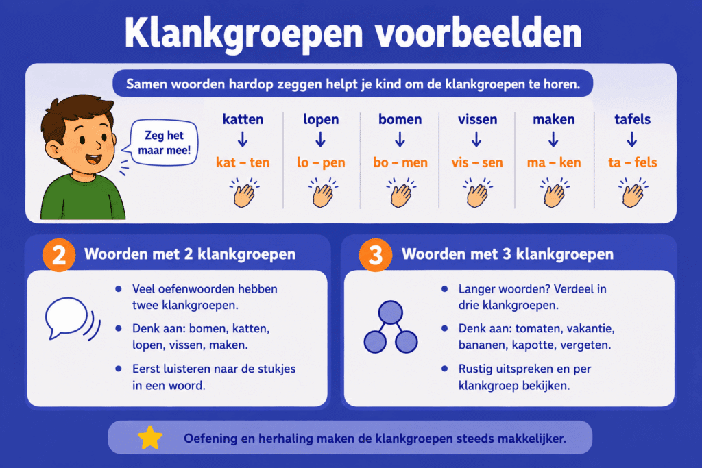 Eenvoudige educatieve illustratie met voorbeelden van klankgroepen zoals “kat-ten”, “lo-pen” en “bo-men”, waarmee kinderen leren woorden in stukjes te verdelen voor betere spelling.