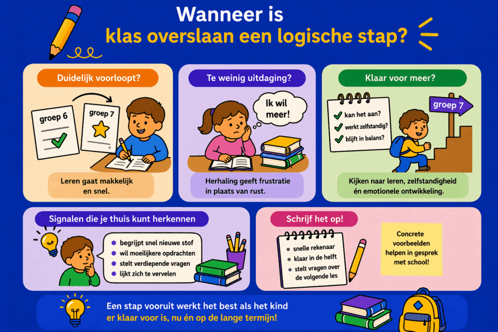 Infographic over klas overslaan met signalen zoals snelle leerontwikkeling, behoefte aan uitdaging, zelfstandig werken en observaties die ouders thuis kunnen herkennen