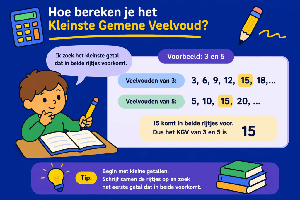 Educatieve illustratie die laat zien hoe kinderen het kleinste gemene veelvoud berekenen door rijtjes van veelvouden te vergelijken, met een duidelijk voorbeeld en visuele uitleg.
